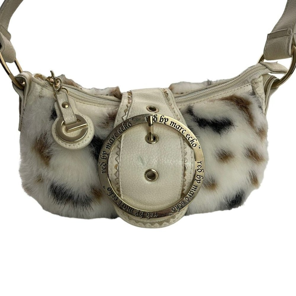 SOLD! Y2K RED by Marc Ecko White Faux Fur Mini Purse Cow Print Gold Metal - Picture 12 of 16